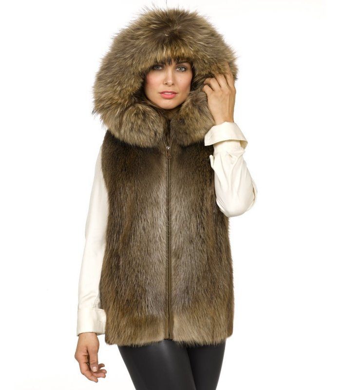 Beaver Fur Vest with Raccoon Hood: FurSource.com
