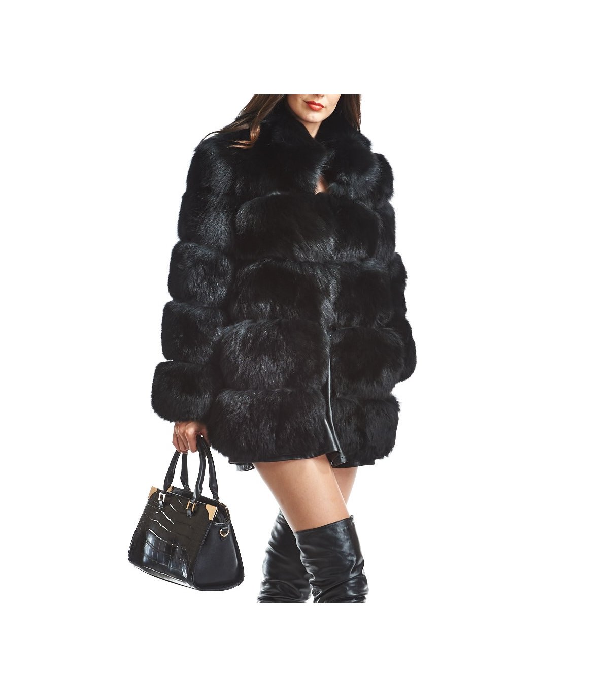 Tiered Black Fox Fur Coat: FurSource.com
