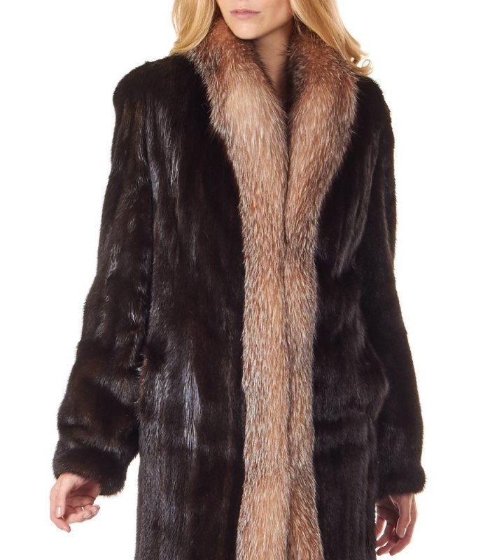 Mahogany Mink Fur Full Length Coat with Crystal Fox Fur: FurSource.com