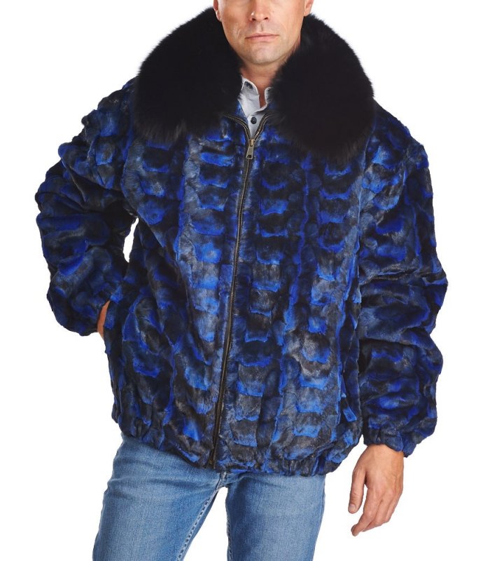 Mosaic Mink Bomber Jacket for Men in Blue: FurSource.com