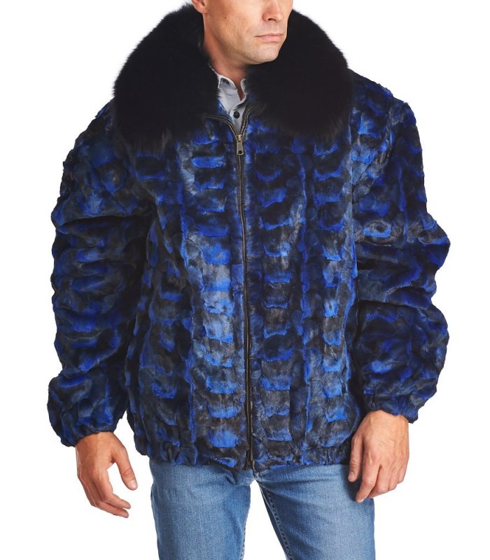 Mosaic Mink Bomber Jacket for Men in Blue: FurSource.com