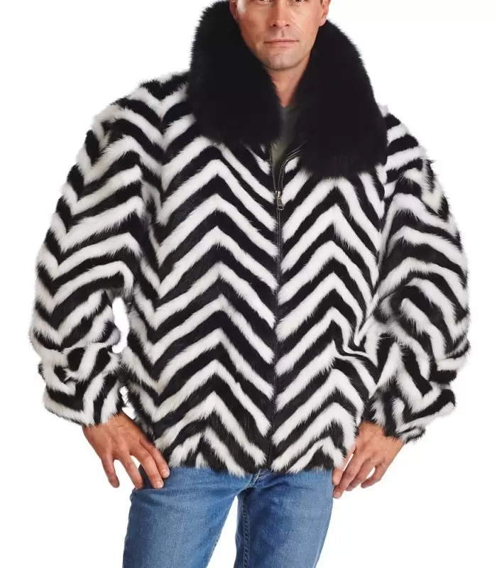 Zebra V-cut Mink Fur Bomber Jacket for Men: FurSource.com