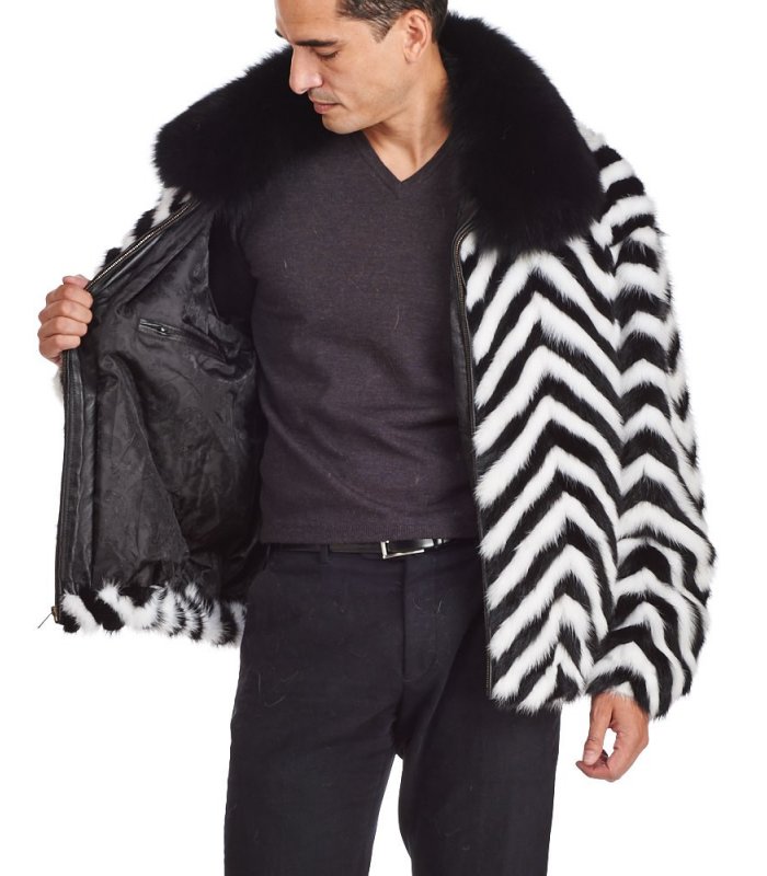Zebra V-cut Mink Fur Bomber Jacket for Men: FurSource.com