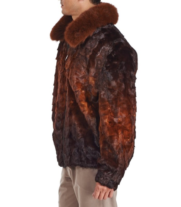 BROWN DYED BROADTAIL SECTIONS FITTED JACKET W/ WHISKEY MINK FUR