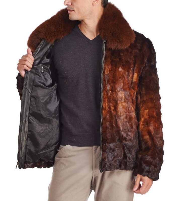 BROWN DYED BROADTAIL SECTIONS FITTED JACKET W/ WHISKEY MINK FUR