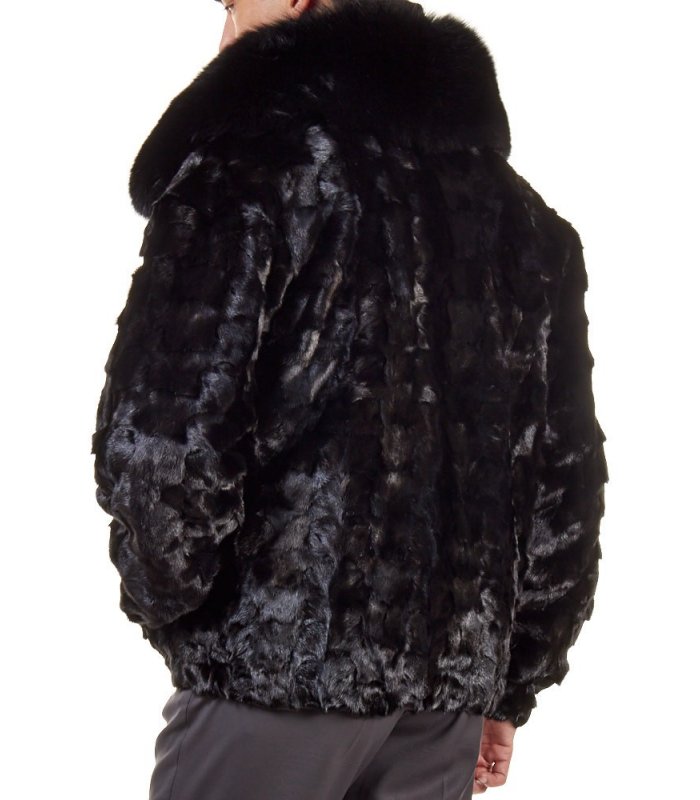 Men's Black Mink Fur Bomber Jacket Hooded 