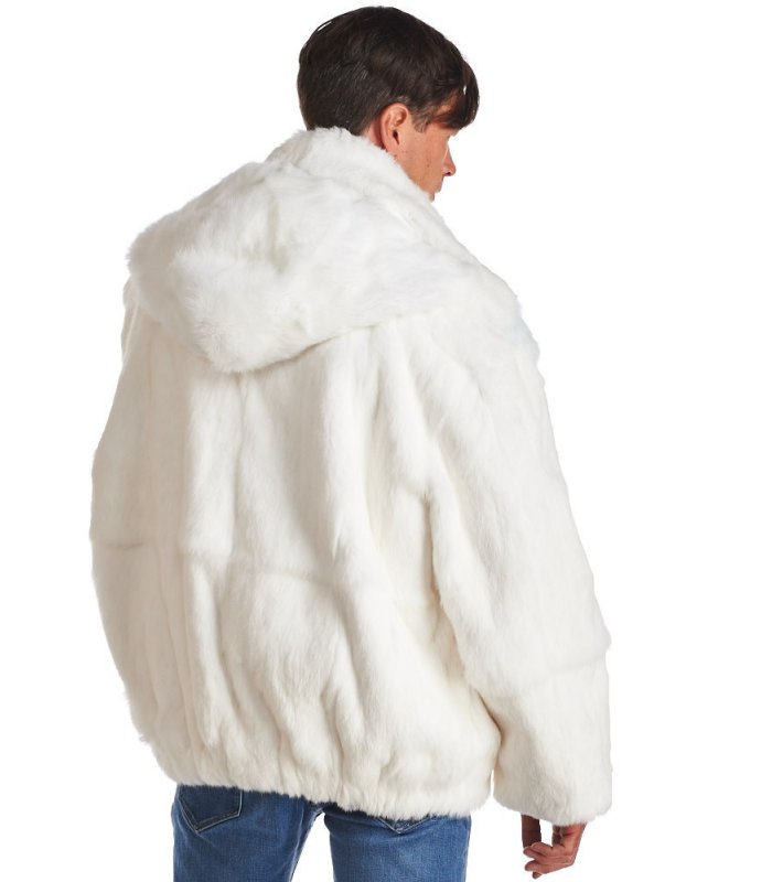 White Rabbit Fur Hooded Bomber Jacket for Men