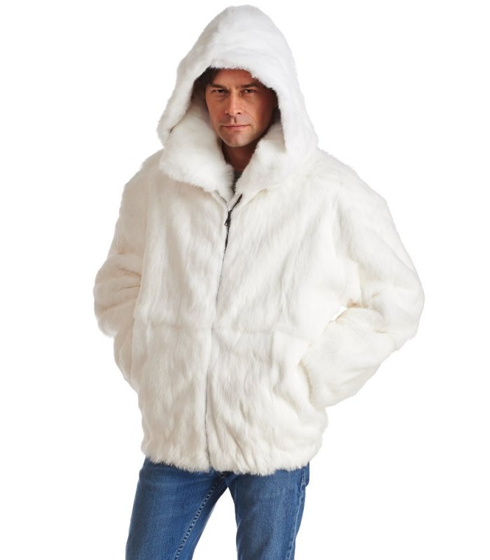 White Rabbit Fur Hooded Bomber Jacket for Men: FurSource.com