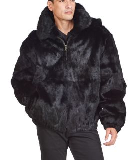 Crimson Rabbit Fur Hooded Bomber Jacket for Men: FurSource.com