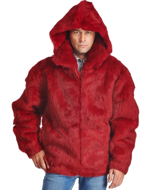 Crimson Rabbit Fur Hooded Bomber Jacket for Men: FurSource.com