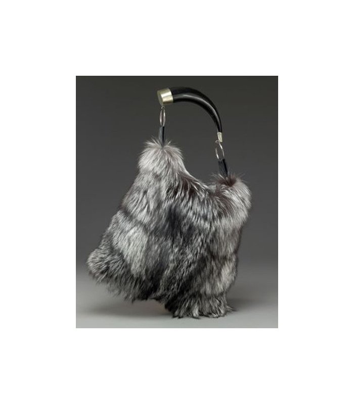 Fur Handbag / Purse with Horn - Silver Fox Fur