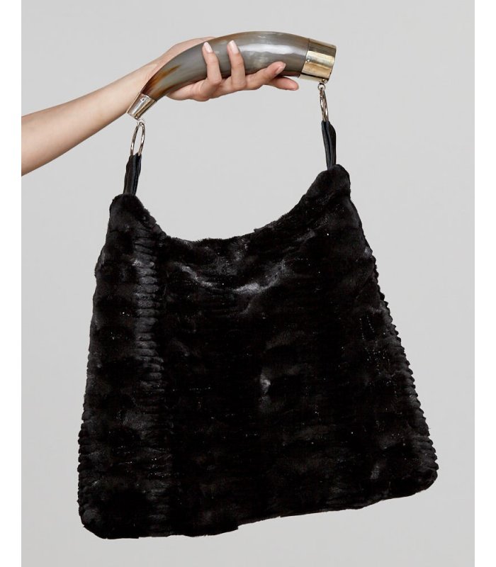 FRR CANADA Genuine Mink Fur Shoulder Bag Handbag with Horn Handle, Black