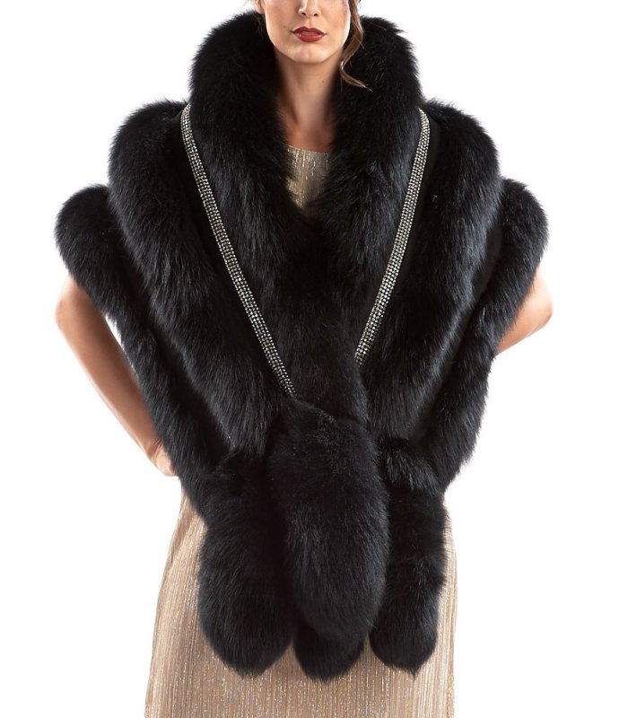 Black Stole with Swarovski Crystals and Fox tail: FurSource.com