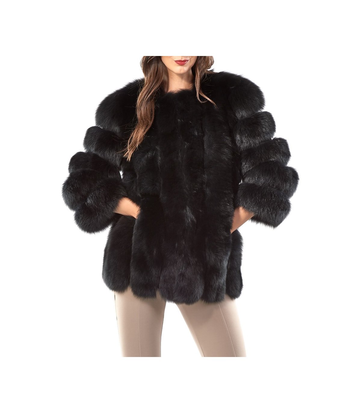 Black Fox Fur Coat with Vertical Panels: FurSource.com