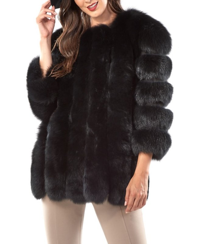 Black Fox Fur Coat with Vertical Panels: FurSource.com