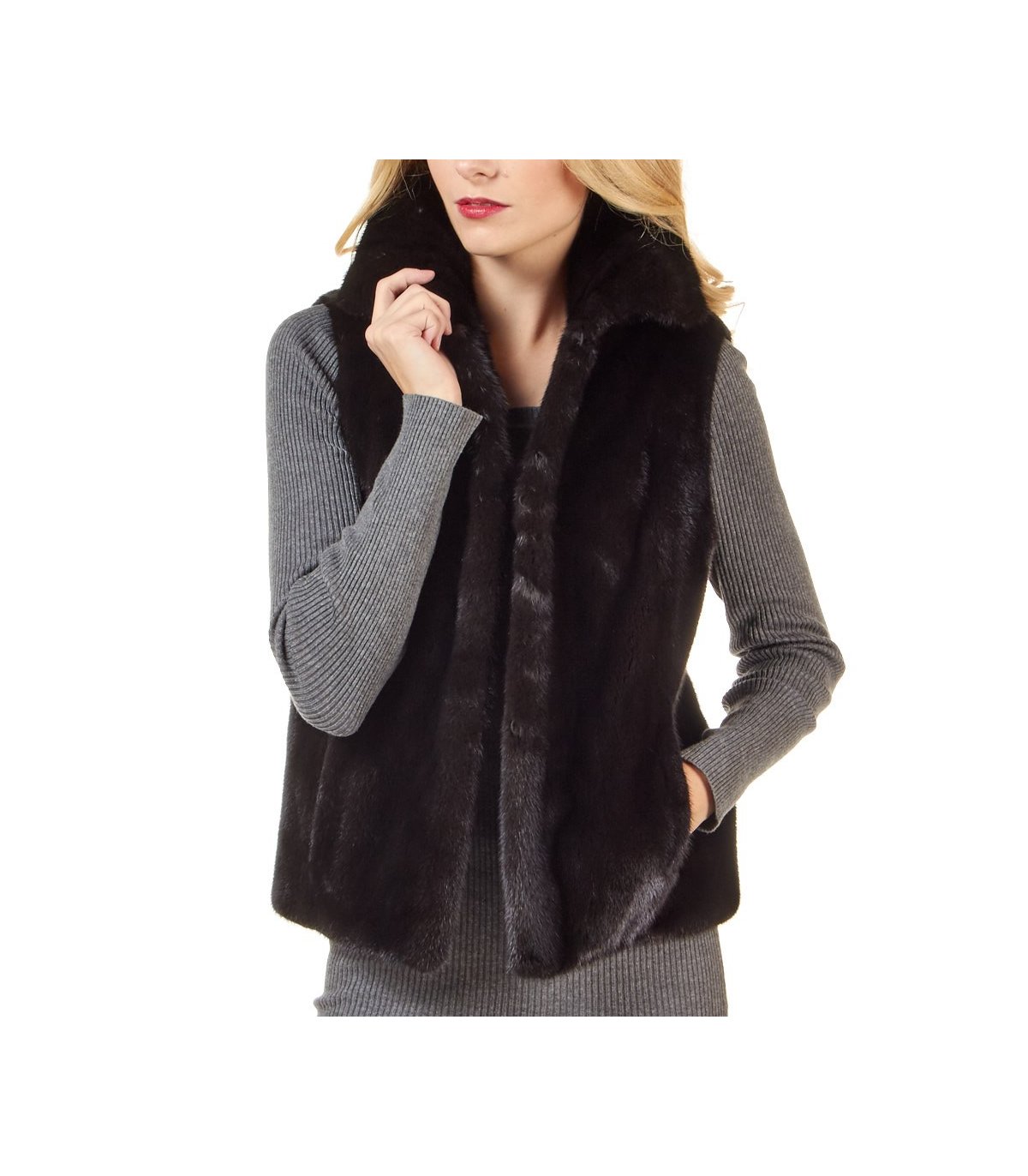 The Black Mink Fur Vest with Collar for Women: FurSource.com