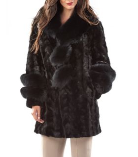 Brown Cross Mink Fur 3/4 Coat w/ Fox Trim