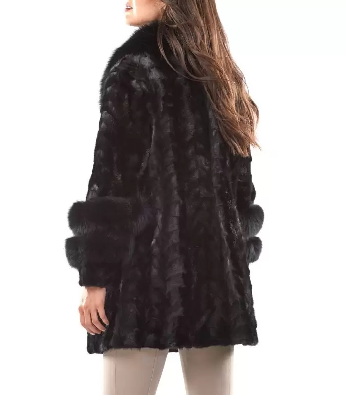 Black Sectioned Mink Jacket with Fox Collar & Trim: FurSource.com