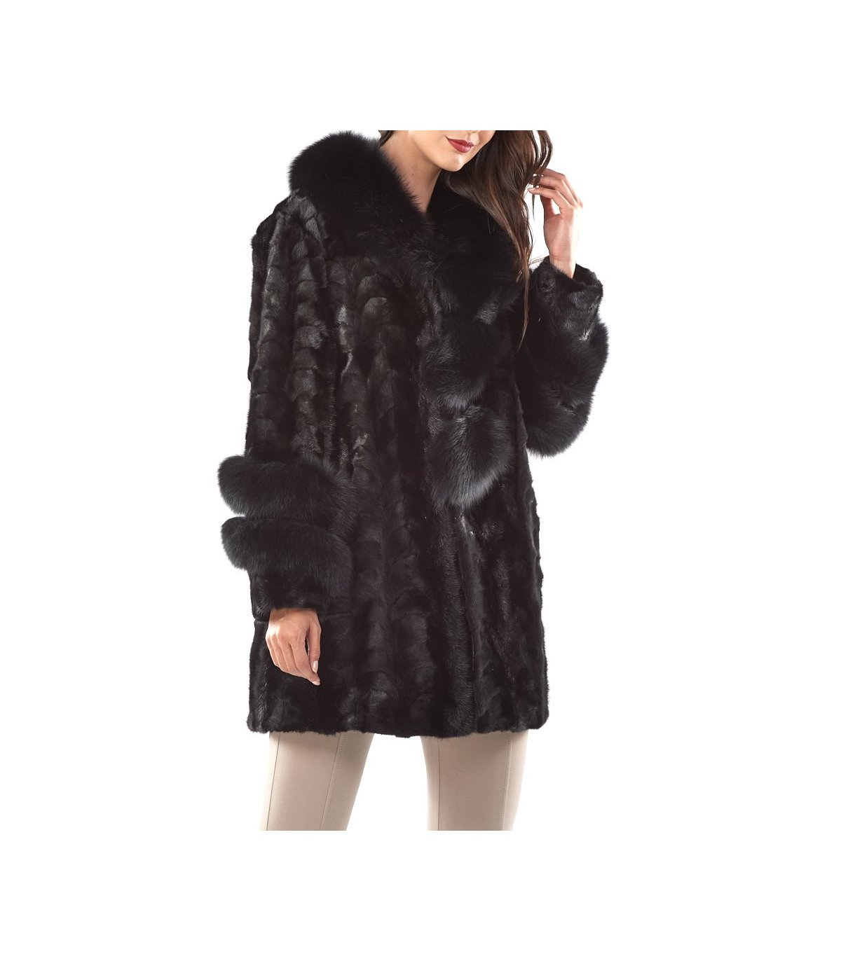 Black Sectioned Mink Jacket with Fox Collar & Trim: FurSource.com