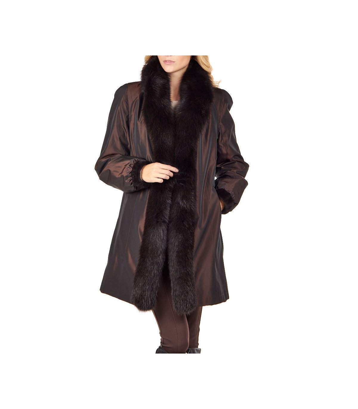Reversible Sheared Mink Fur Coat With Fox Trim In Brown 