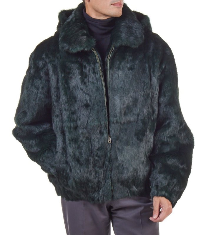 Lucas Natural Grey Rabbit Fur Hooded Bomber Jacket for Men