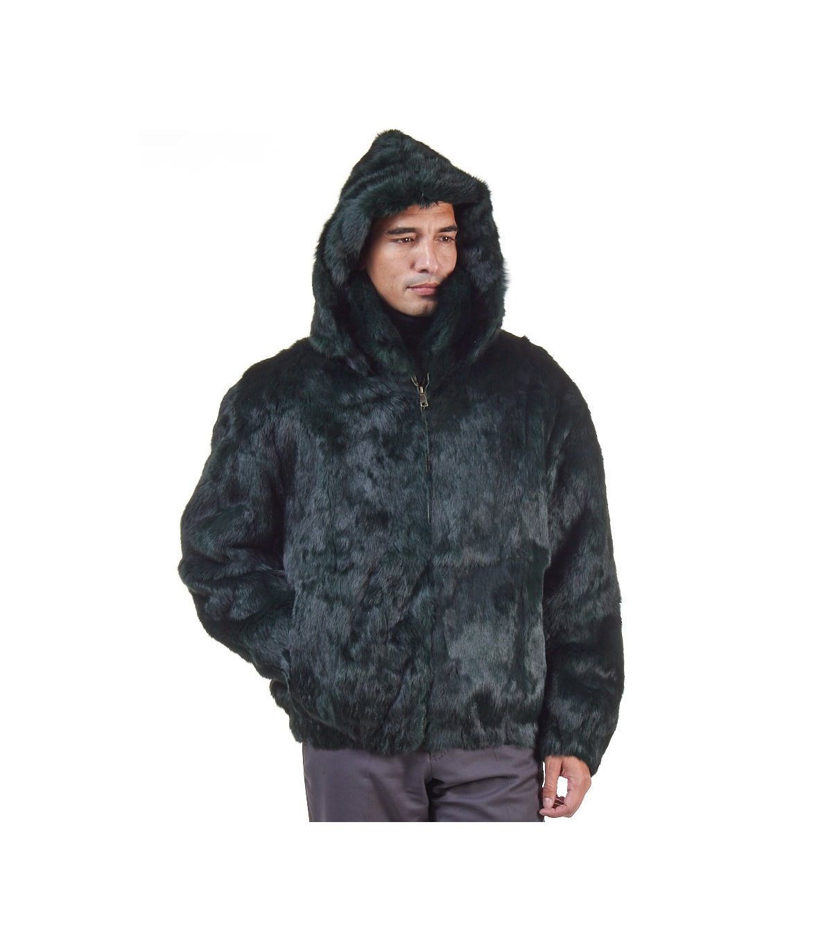 Evergreen Rabbit Fur Hooded Bomber Jacket for Men: FurSource.com