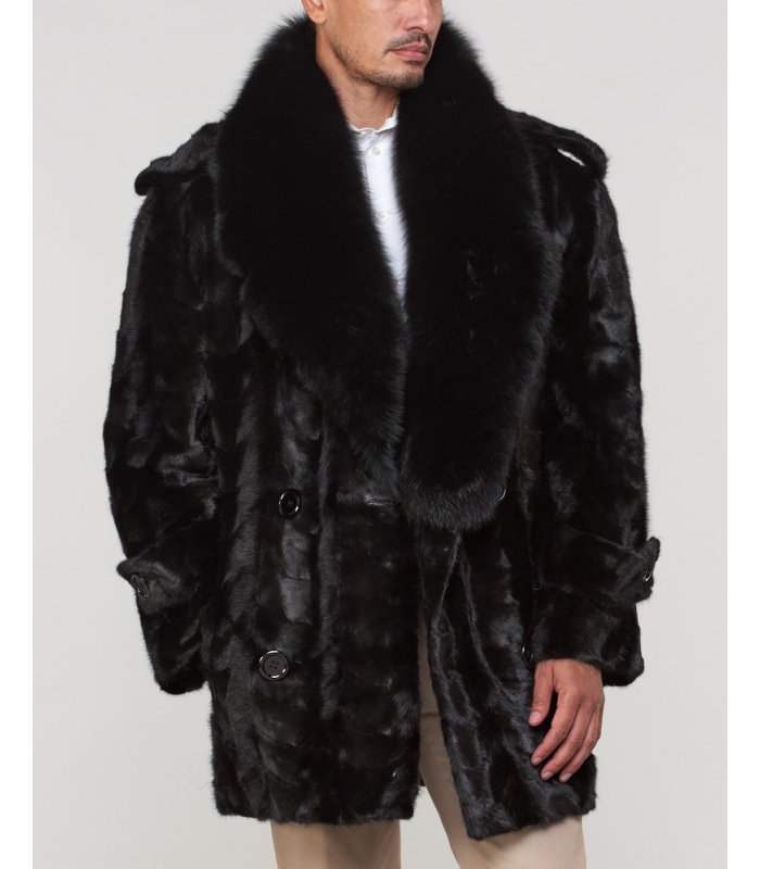 Mosaic Black Mink Pea Coat For Men: FurSource.com