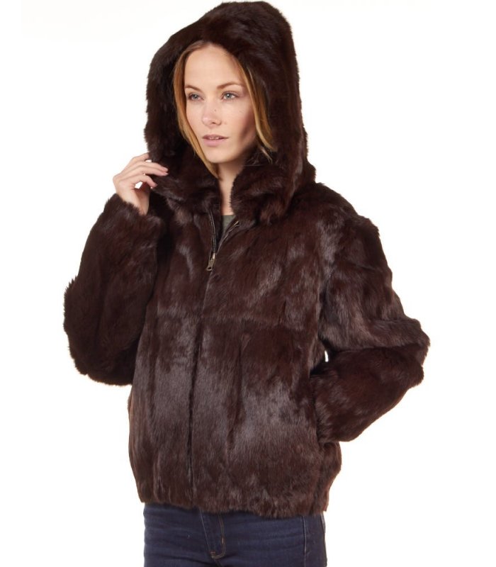 Brown Rabbit Fur Bomber Jacket with Hood: FurSource.com