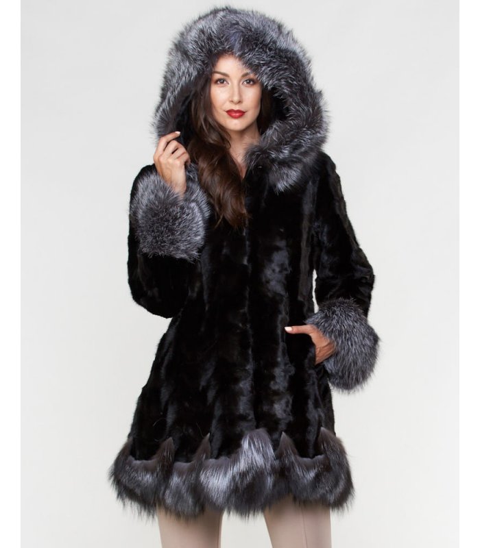 Sculptured Mink Fur Hooded Coat with Fox Fur trim: FurSource.com