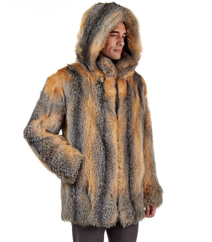 Mid Length Natural Grey Fox Fur Coat for Men: FurSource.com