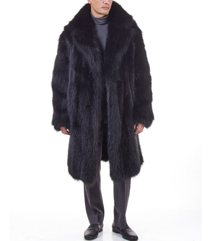 Black Raccoon Pea Coat for Men: FurSource.com