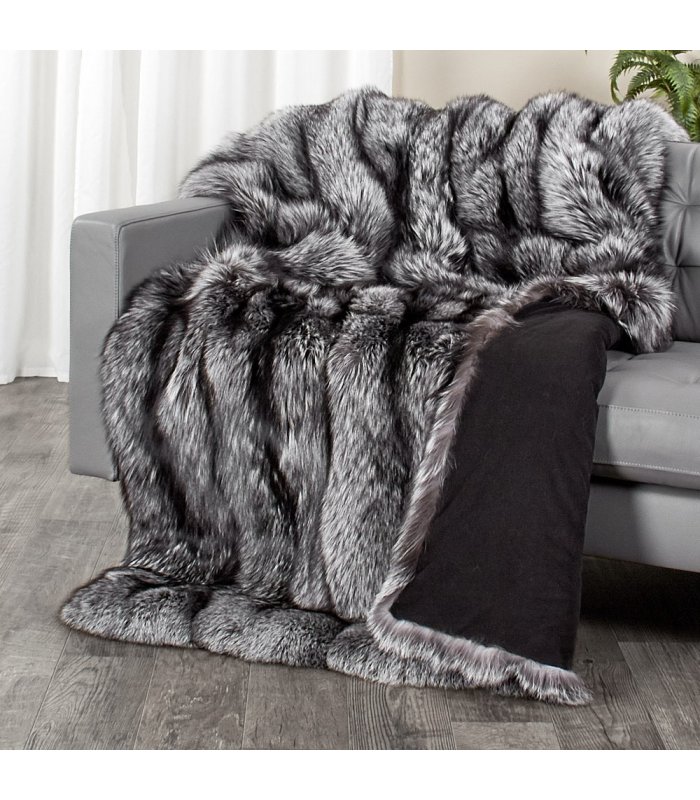  Real Fur Silver Cross Fox 14 Skin Queen Size Blanket and Throw  with Black Velvet Backing : Home & Kitchen