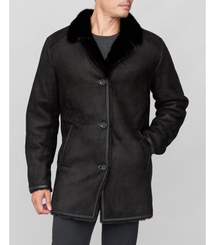 Shearling Sheepskin Jacket with Mink Fur Trim in Black: FurSource.com