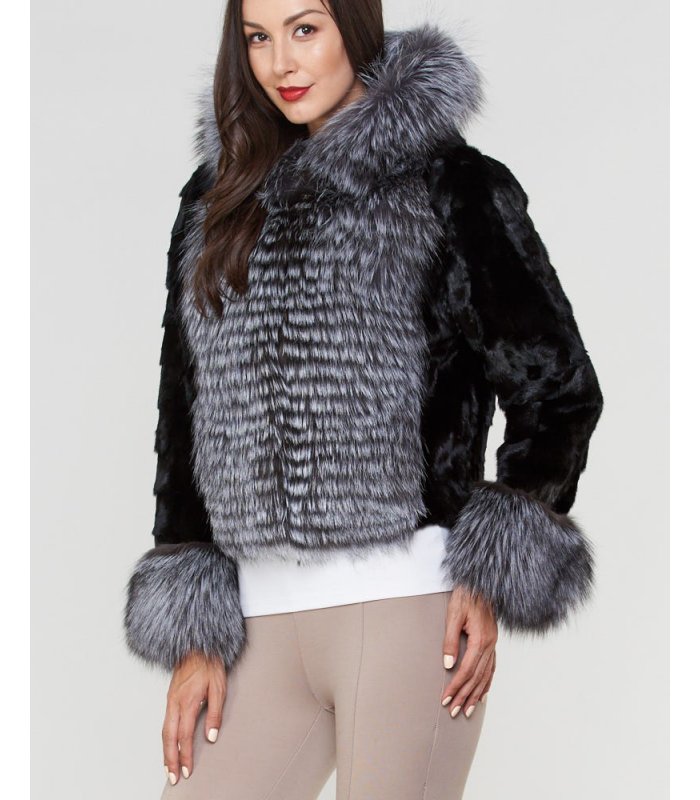 Sculpted Mink Fur Hooded Jacket with Silver Fox Trim: FurSource.com