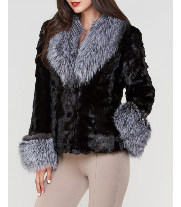 Sculptured Mink Fur Jacket with Silver Fox Trim: FurSource.com