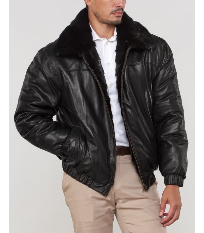 Mink Fur Bomber Jacket Reversible to Leather in Black: FurSource.com