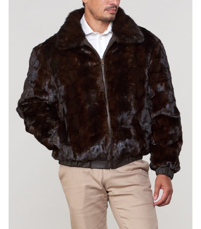 Mink Fur Bomber Jacket Reversible to Leather in Brown: FurSource.com