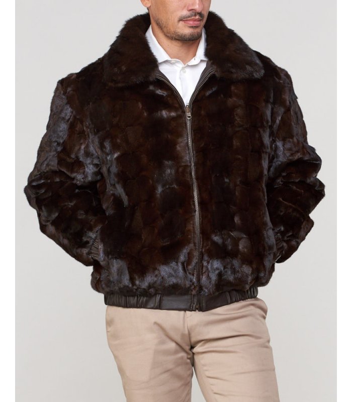 Men's Mink Fur Bomber Jacket with Full Skin Mink Hooded Fur Jacket (Brown,  S) at  Men's Clothing store