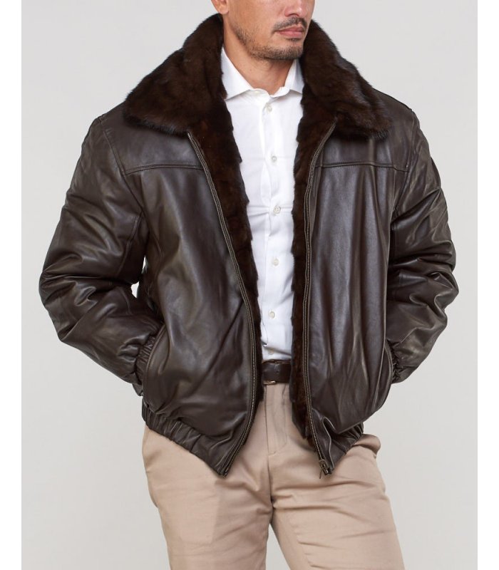 Mink Fur Bomber Jacket Reversible to Leather in Brown: FurSource.com