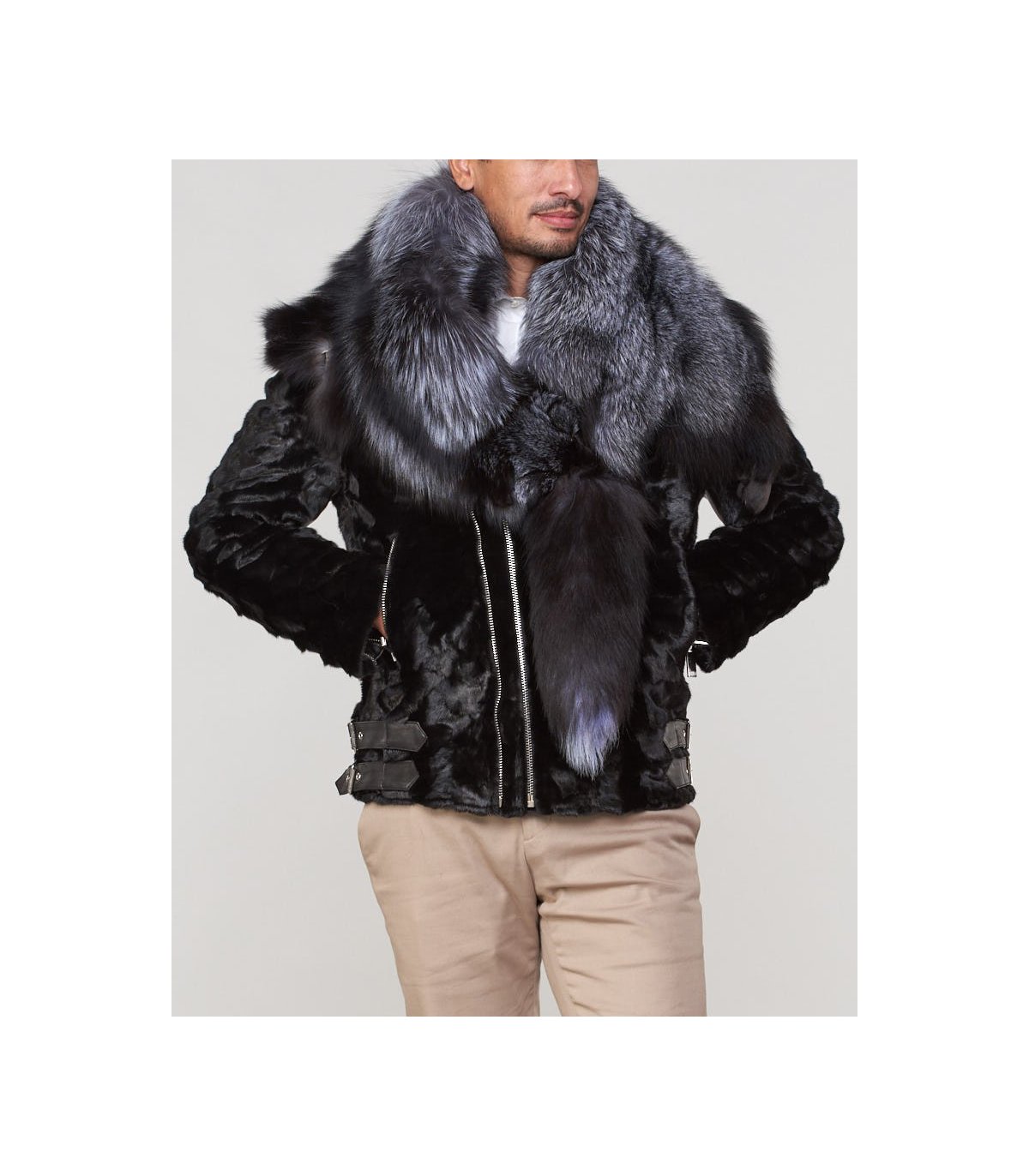 leather jacket with fox fur collar