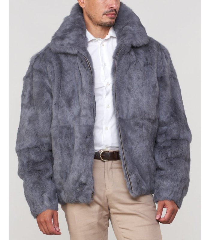 Grey Rabbit Fur Hooded Bomber Jacket for Men: FurSource.com