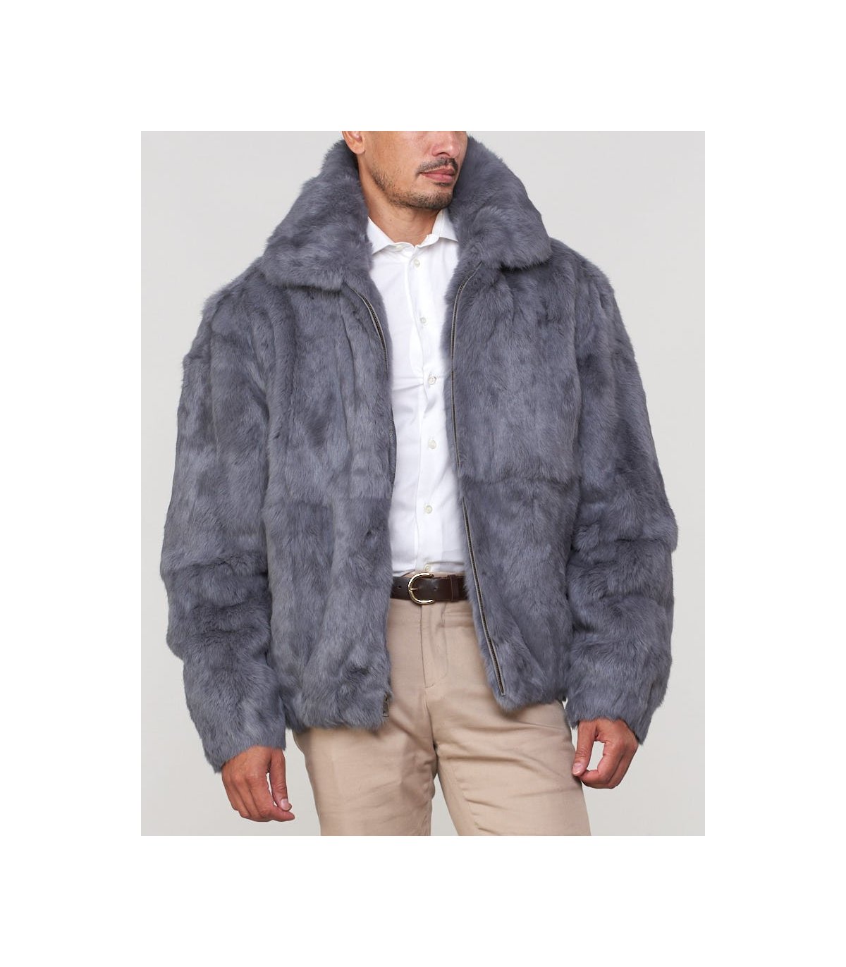 Grey Rabbit Fur Hooded Bomber Jacket for Men: FurSource.com