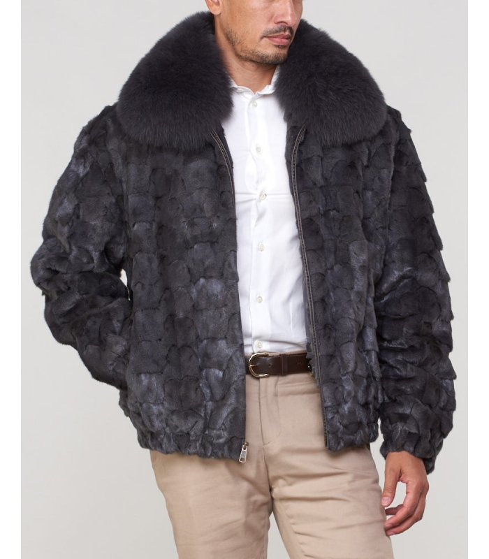 Mink Fur Jacket with Fox Collar in Dark Grey: FurSource.com