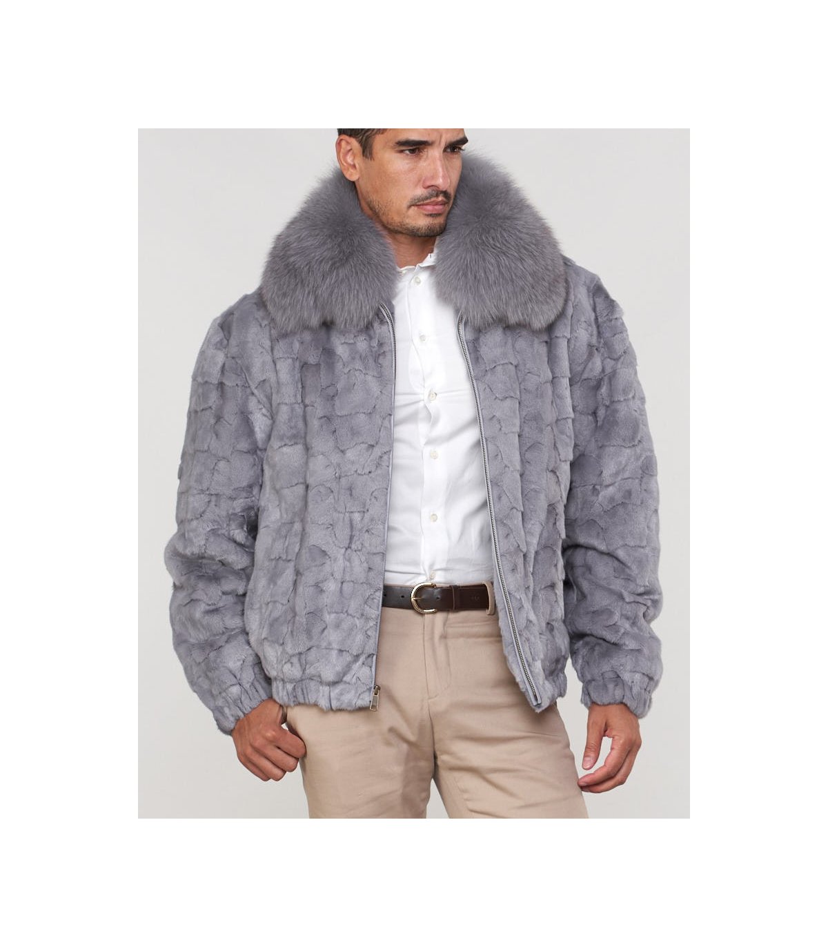 Mosaic Mink Fur Jacket with Fox Collar in Light Grey: FurSource.com