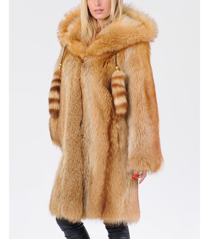Gold Raccoon Fur Coat with Hood: FurSource.com