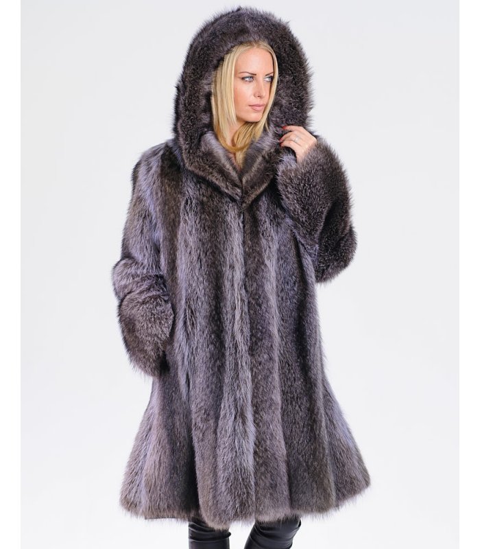 Blue Raccoon Fur Coat with Hood: FurSource.com