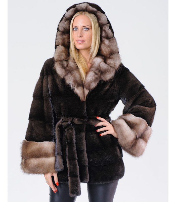 Brown Mink Fur Coat with Natural Marten Hood and Cuffs: FurSource.com