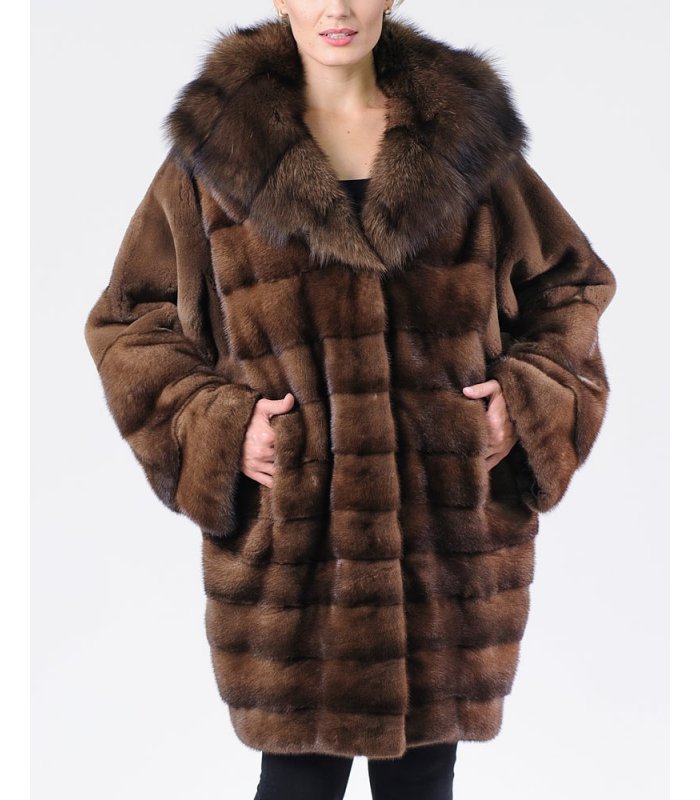 Mink Fur Coat with Fisher Fur Hood in Chestnut: FurSource.com