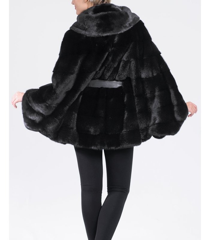 Hooded Black Mink Fur cape with attached fur belt