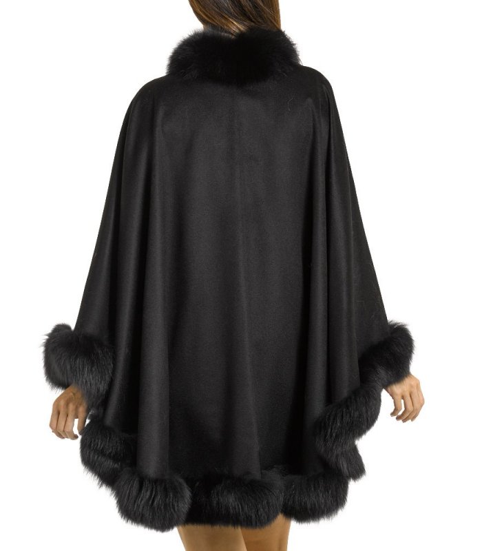 Cashmere Cape with Fox Fur Trim - Black: FurSource.com